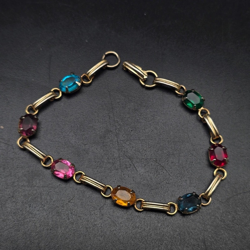 Colorful Faux Gemstone Bracelet Gold Tone Links Vintage Costume Jewelry